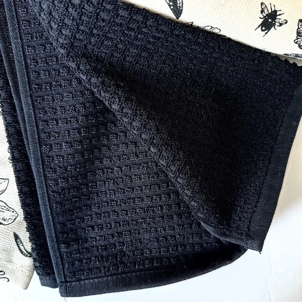 Deborah Connolly 3 Pc Kitchen Hand Towels Set Tan & Black Floral Print NEW
